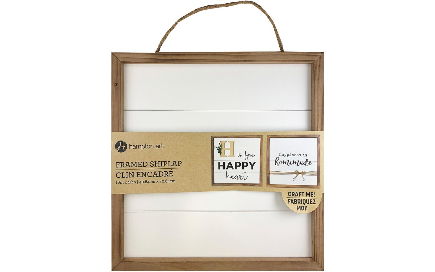 Hampton Art Rustic Frame Shiplap 16&#x22; x 16&#x22; White, easy to decorate, paint, embellish, stencil, and more, jute rope is attached to the reverse side for hanging