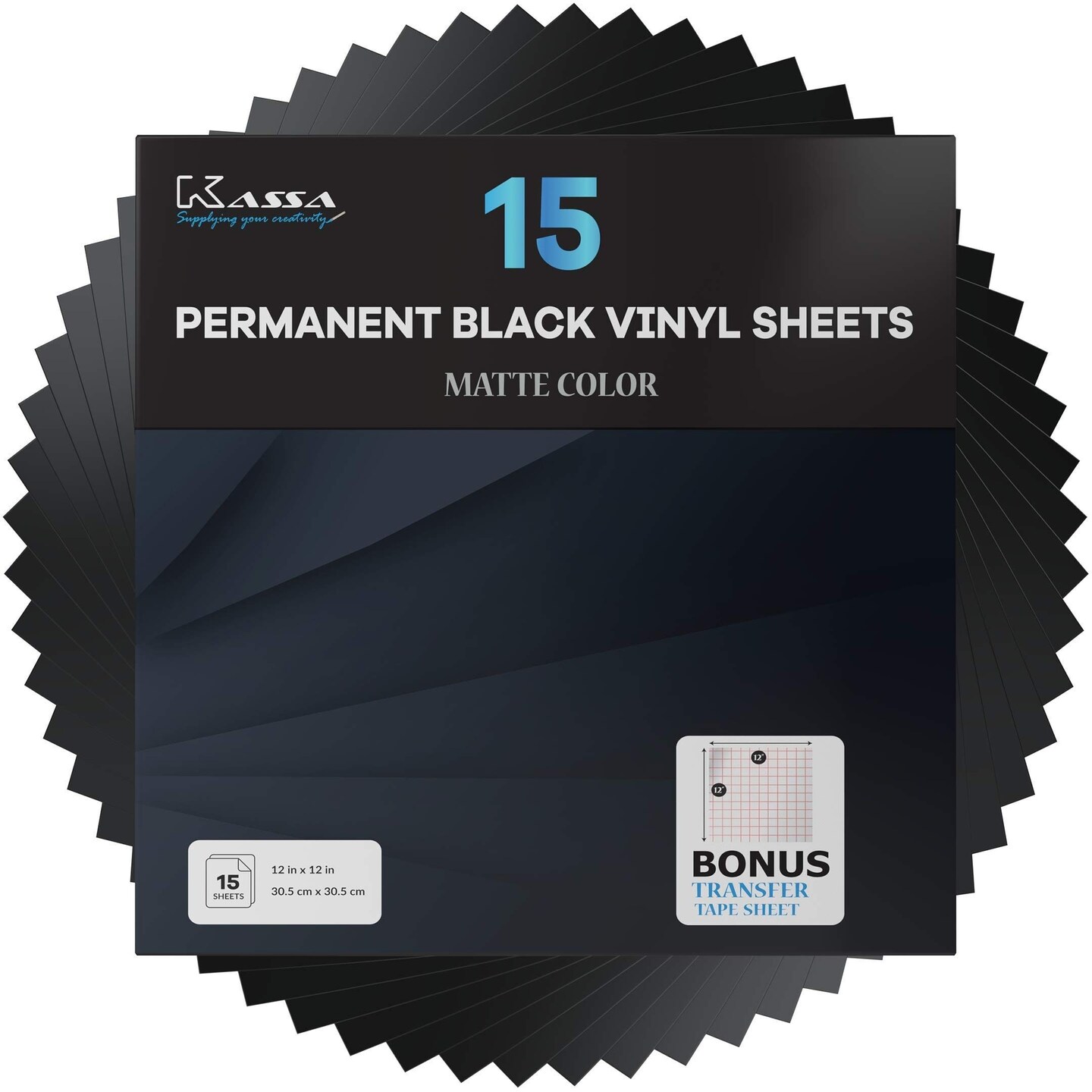 Kassa 15-Piece Permanent Vinyl Sheets - Black | 12&#x22; x 12&#x22; with a Transfer Sheet Included | Compatible with Cricut, Silhouette &#x26; Other Cutting Machines | For DIY Art Projects, Styling &#x26; Decorating