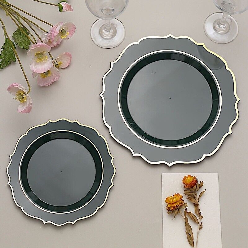 20 HUNTER GREEN 10.5" Round Plastic Dinner Plates GOLD Scalloped Rim