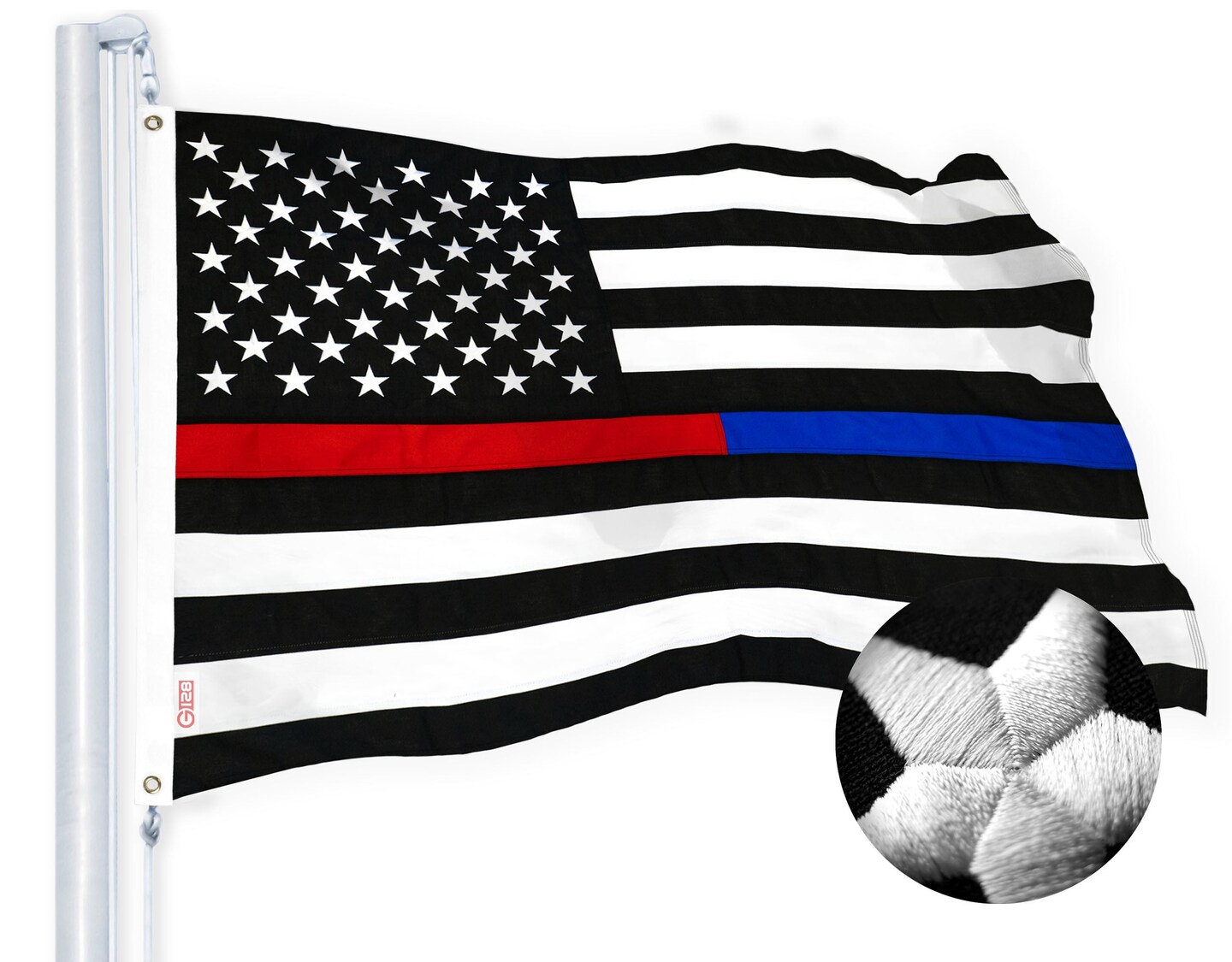 G128 Combo Pack: USA American Flag &#x26; Thin Blue/Red Line Flag 2.5x4 Ft Embroidered Spun Polyester, Indoor/Outdoor, Brass Grommets, Police and First Responder Flag