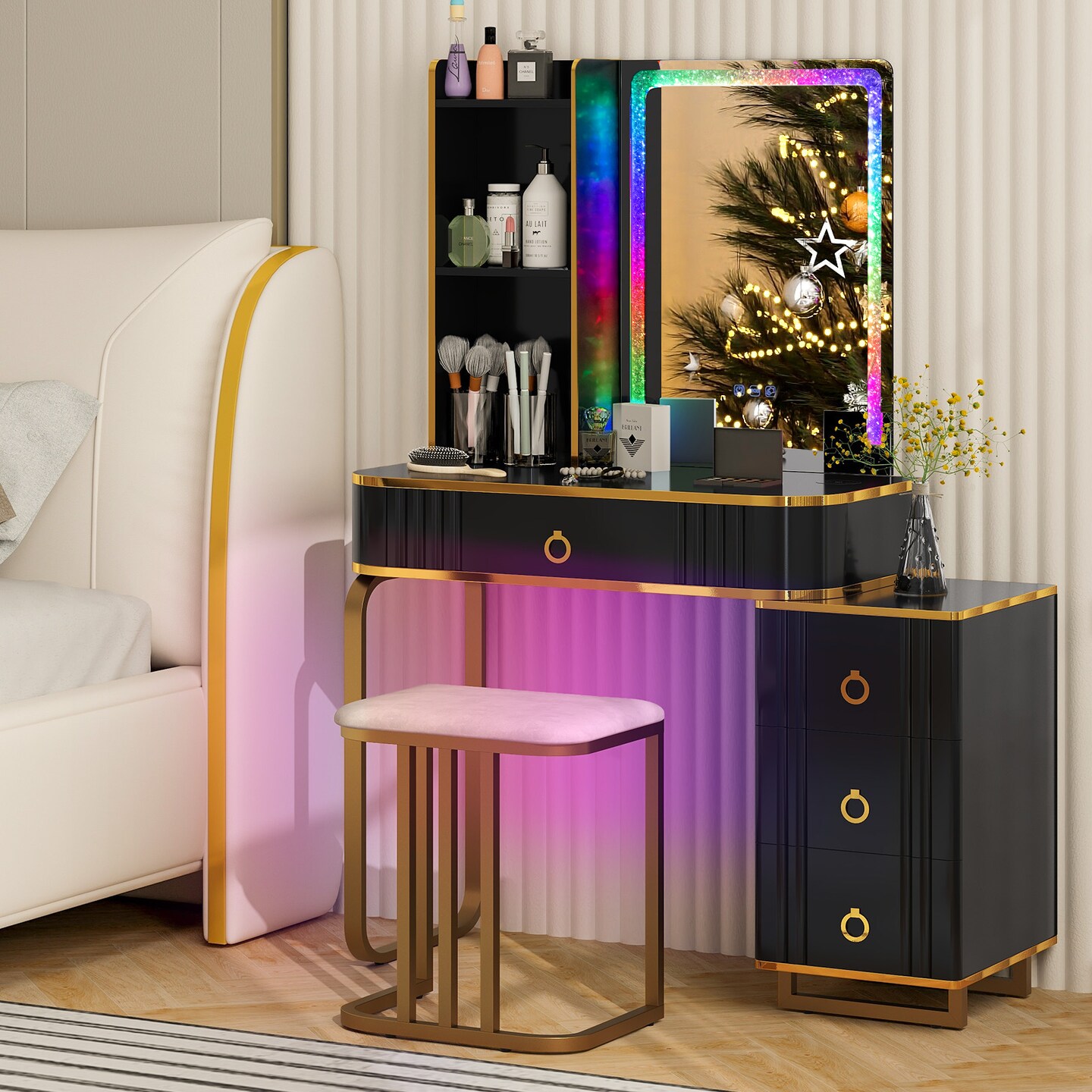 Vanity Table Set With Rgb Led Lights And Wireless Charging Station-black