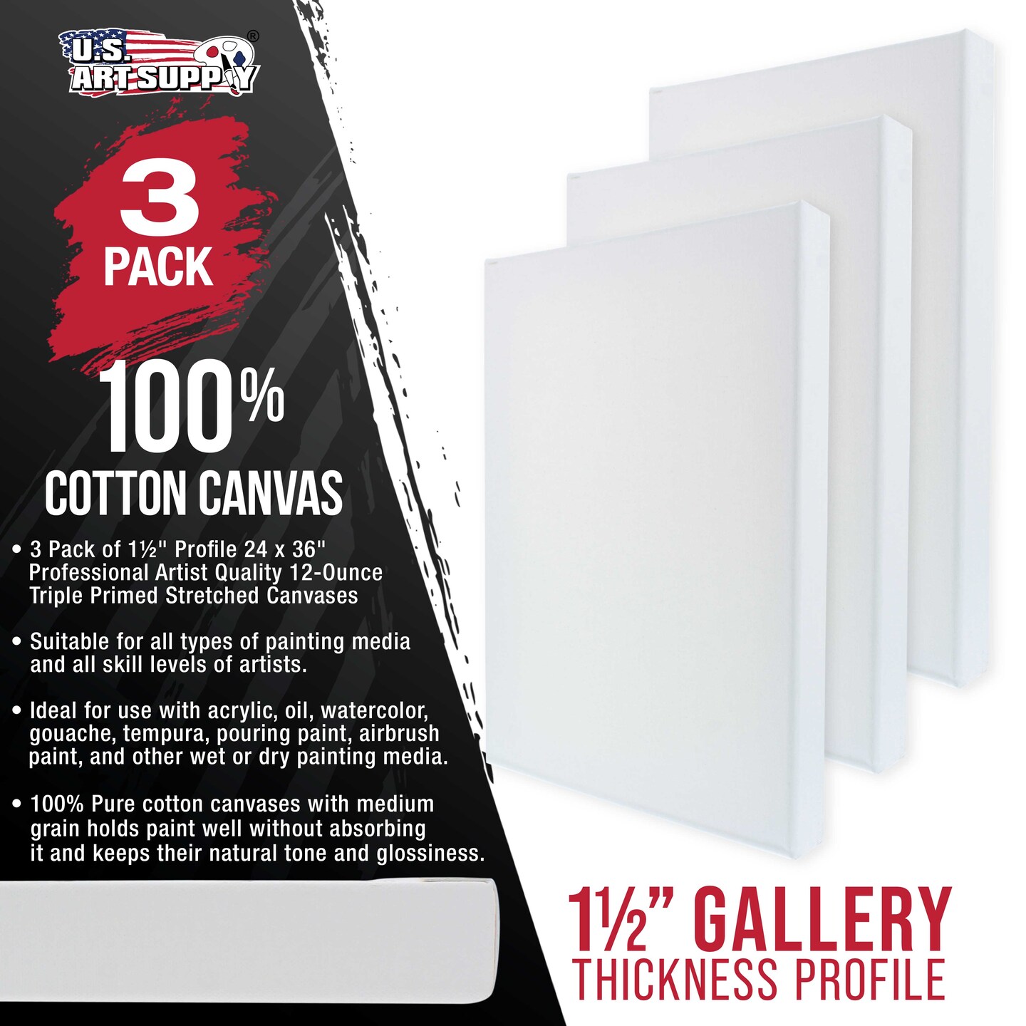 24 x 36 inch Gallery Depth 1-1/2&#x22; Profile Stretched Canvas, 3-Pack - 12-Ounce Acrylic Gesso Triple Primed, - Professional Artist Quality, 100% Cotton
