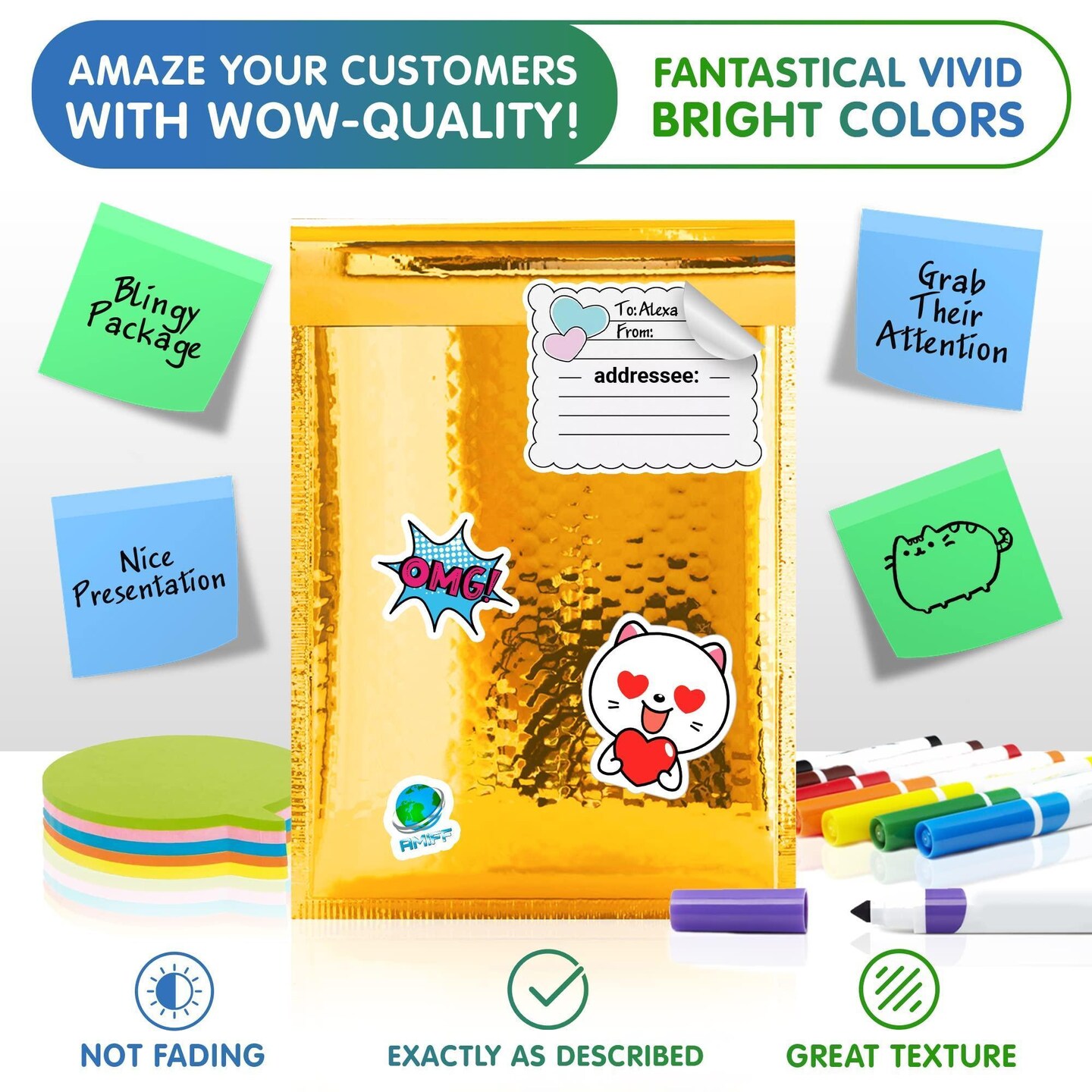 AMIFF Gold Metallic Bubble Mailers 4 x 7 Pack of 50 Opaque Mail Bubble Envelopes with Sturdy Adhesive Line Reliable Padded Shipping Envelopes Waterproof Padded Envelopes Various Sizes