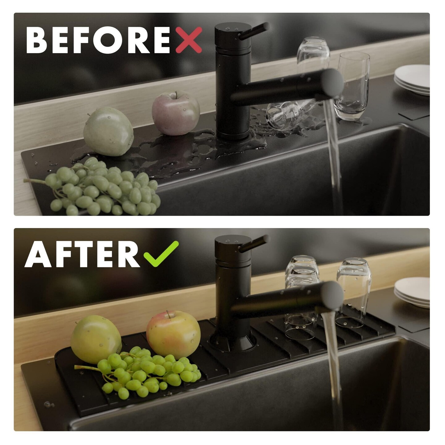 Black Kitchen Guard Silicone Faucet Handle Drip Catcher Tray 14.6 x 5.5 Sink Silicone Mat Tray Drying Mat for Kitchen Counter Kitchen Sink Splash Guard Behind Faucet