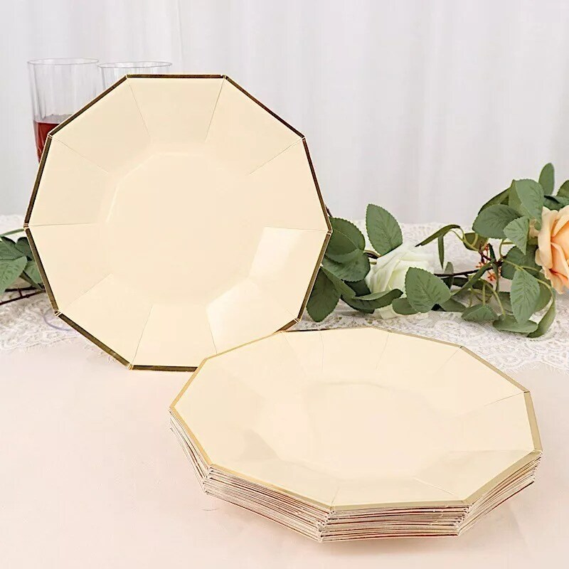 25 BEIGE 9&#x22; Decagon Salad Dinner Paper Plates Disposable Tableware