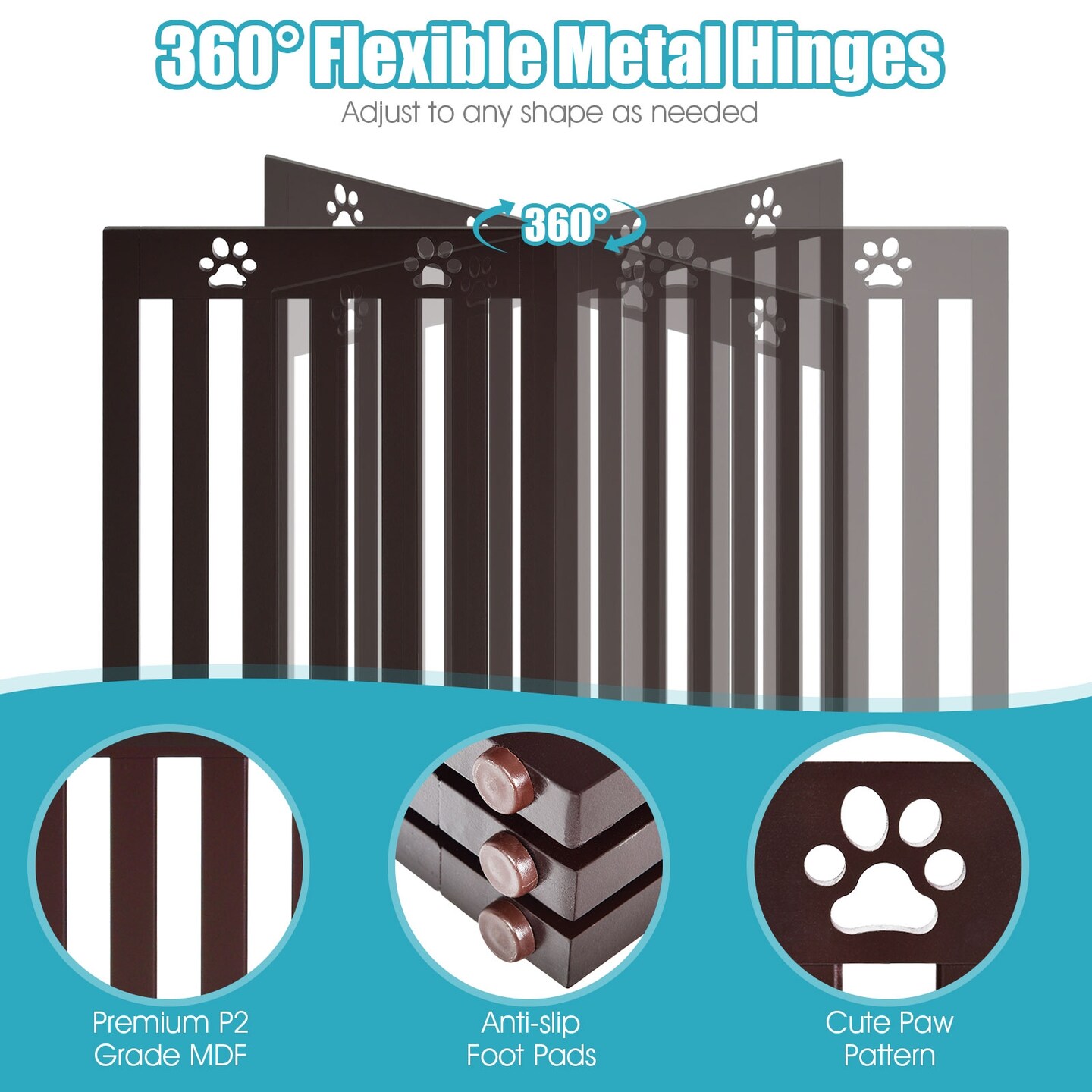 36 Inch Folding Wooden Pet Gate Freestanding Dog Gate with 360&#xB0; Flexible Hinge