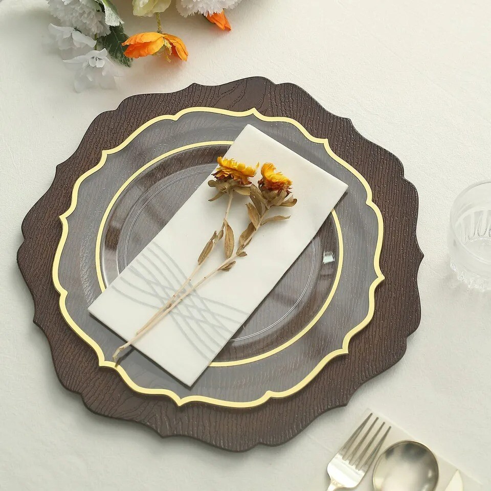 BROWN 6 Round 13&#x22; Rustic Wooden Acrylic CHARGER PLATES Scallop Rim