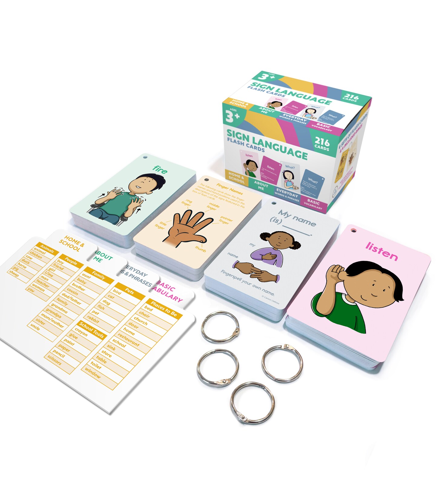 Carson Dellosa 216 American Sign Language Flash Cards for Kids, Sight Words and Vocabulary ASL Flashcards for Toddlers Ages 3 and Up With Signing Illustrations