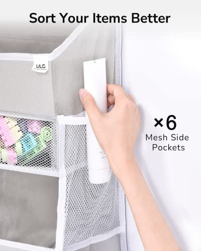 ULG Over Door Organizer with 4 Large Pockets 6 Mesh Side Pockets, 33 lbs Weight Capacity Hanging Storage Organizer with Clear Window for Baby Kids Toys, Diapers, Grey?1 Pack, 4 Layers