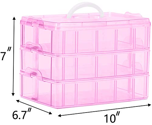 Bead Organizer,3-Tier Craft Organizers and Storage,Stackable Storage Containers with 30 Compartments Dividers for Washi Tape,Toy, Nail,Art Supplies, Fishing Tackle, Pink