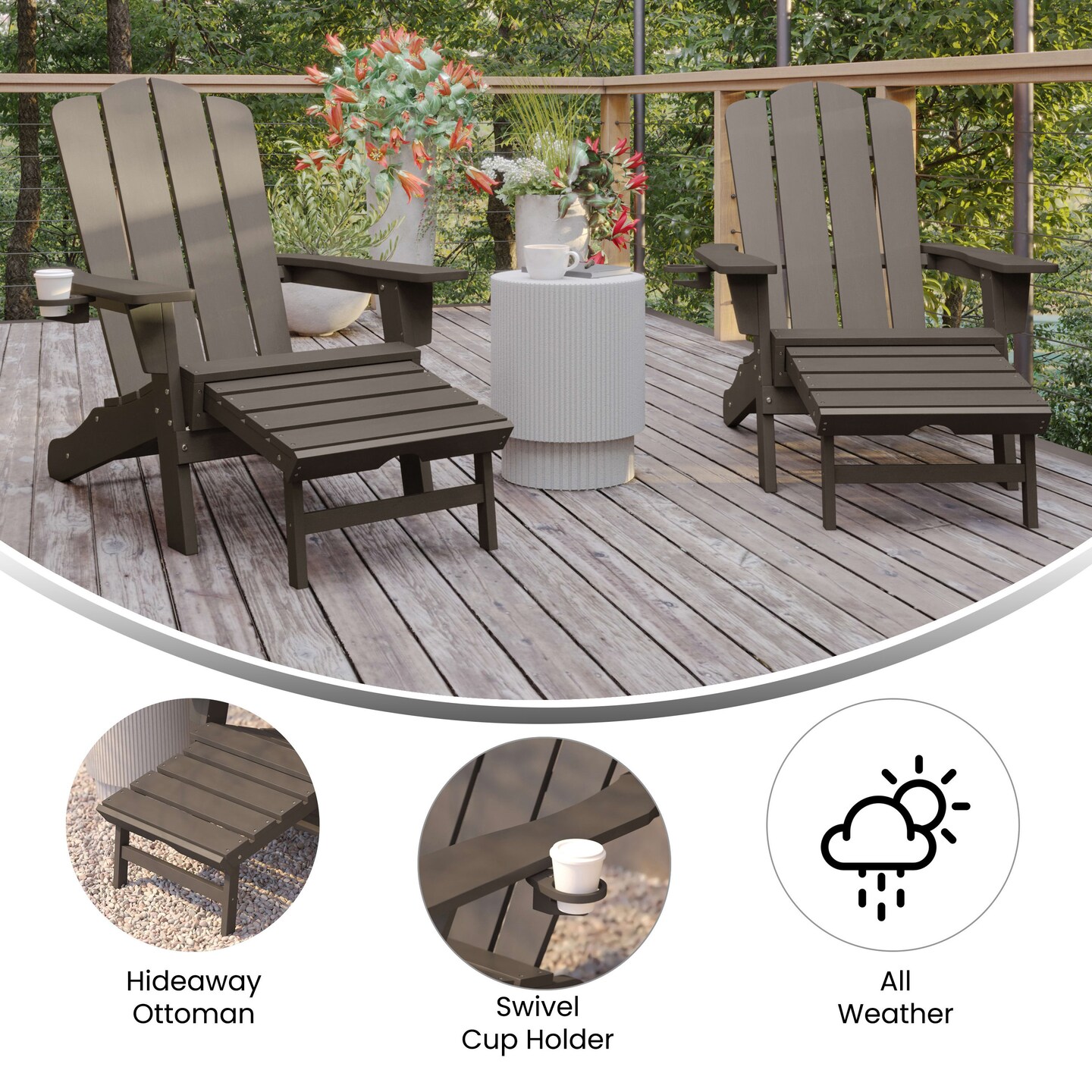 Merrick Lane Nassau Adirondack Chair with Cup Holder and Pull Out Ottoman, All-Weather HDPE Indoor/Outdoor Lounge Chair