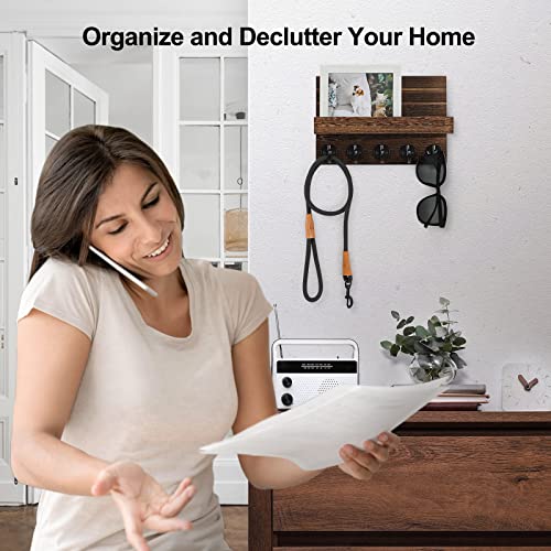 Key Holder for Wall, Decorative Key and Mail Holder with Shelf Has Large Key Hooks for Bags, Coats – Paulownia Wood Key Hanger with Mounting Hardware (9.8”W x 6.7”H x 4.2”D) (Brown)