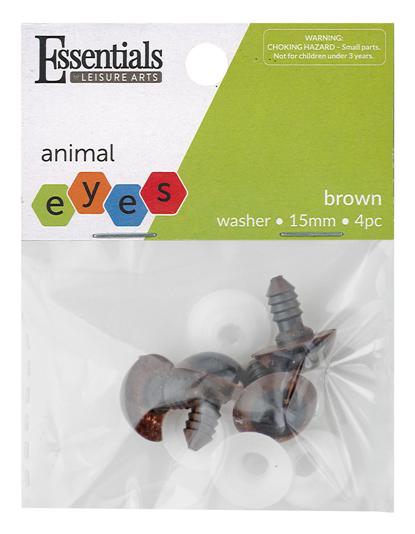 Essentials by Leisure Arts Eyes Solid with Washer Brown, 15mm, 4 pieces Googly Eyes, Google Eyes for Crafts, Big Googly Eyes for Crafts, Wiggle Eyes, Craft Eyes