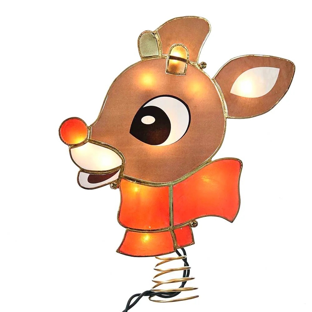 KSA 8.75&#x22; Lighted Brown Rudolph the Red Nose Reindeer Christmas Tree Topper, Clear Lights
