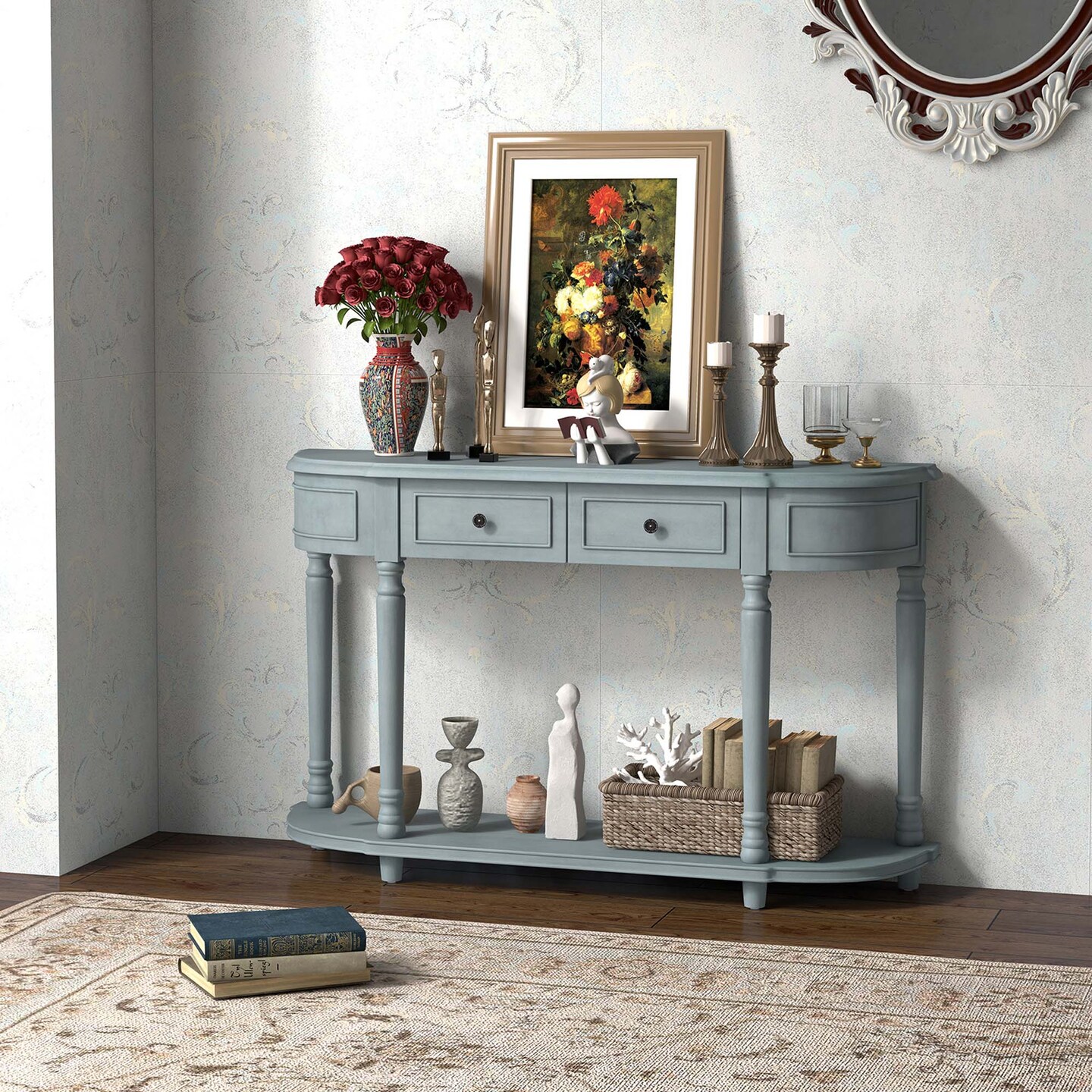 Costway 52'' Long Sofa Table with 2 Drawers & Open Shelf Retro Console Table with Storage
