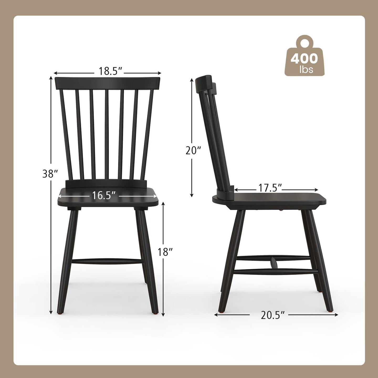 Costway Windsor Dining Chairs Set of 2 Armless Spindle Back Solid Rubber Wood Black/Natural