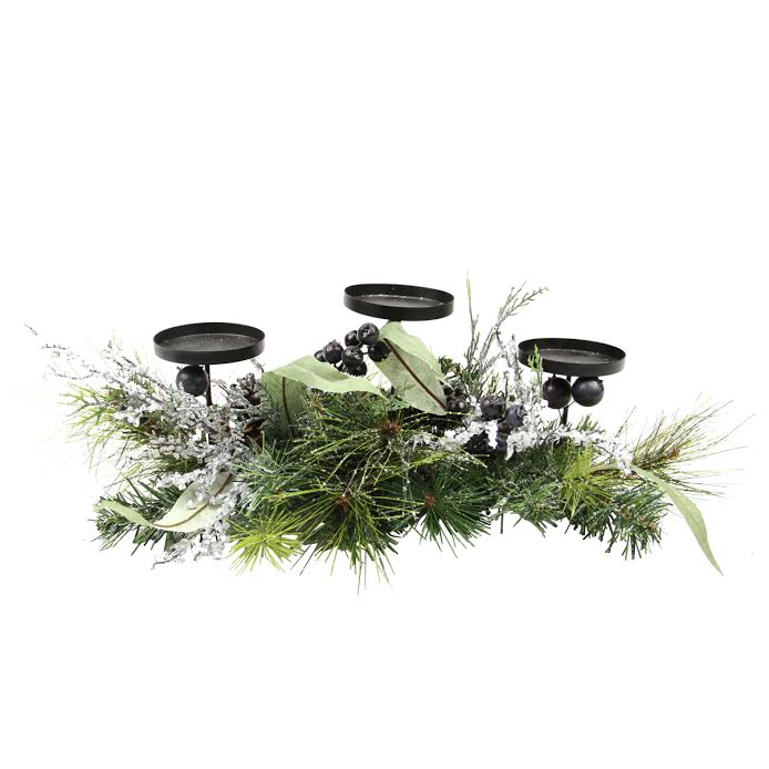 Northlight 22&#x22; Green and Silver Mixed Pine with Blueberries Christmas Candle Holder Centerpiece