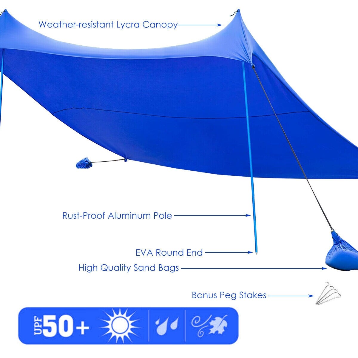 10 Foot Ride 9 Foot Family Beach Tent Canopy Sunshade with 4 Poles-Blue