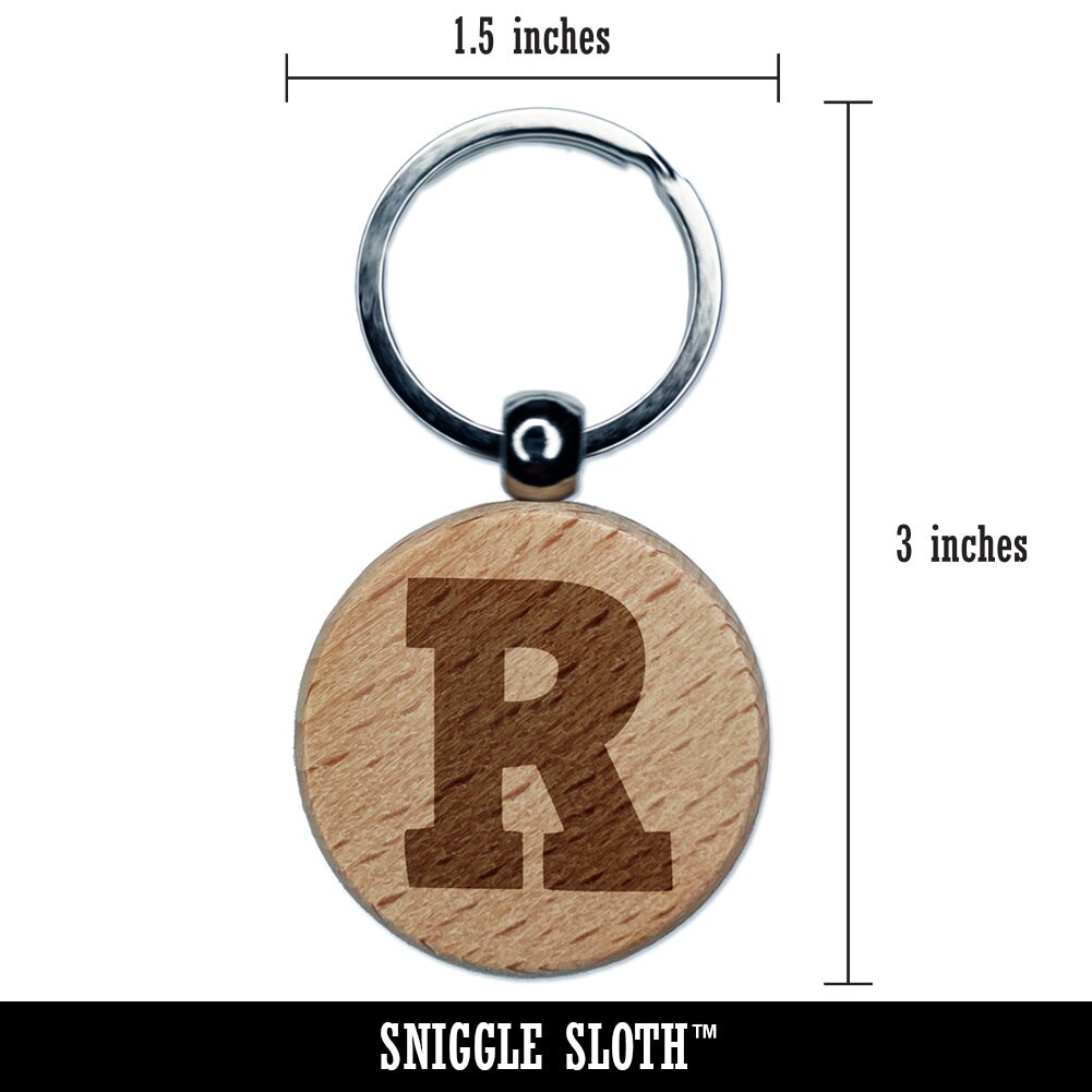 Letter R Uppercase Fun Bold Font Engraved Wood Round Keychain Tag Charm