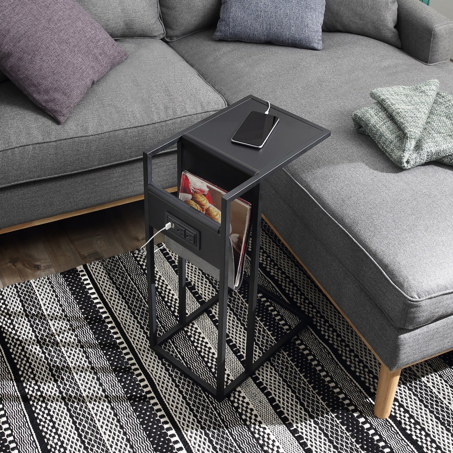 Tregal C-Table with Magazine Holder, USB Port &#x26; Wall Plug