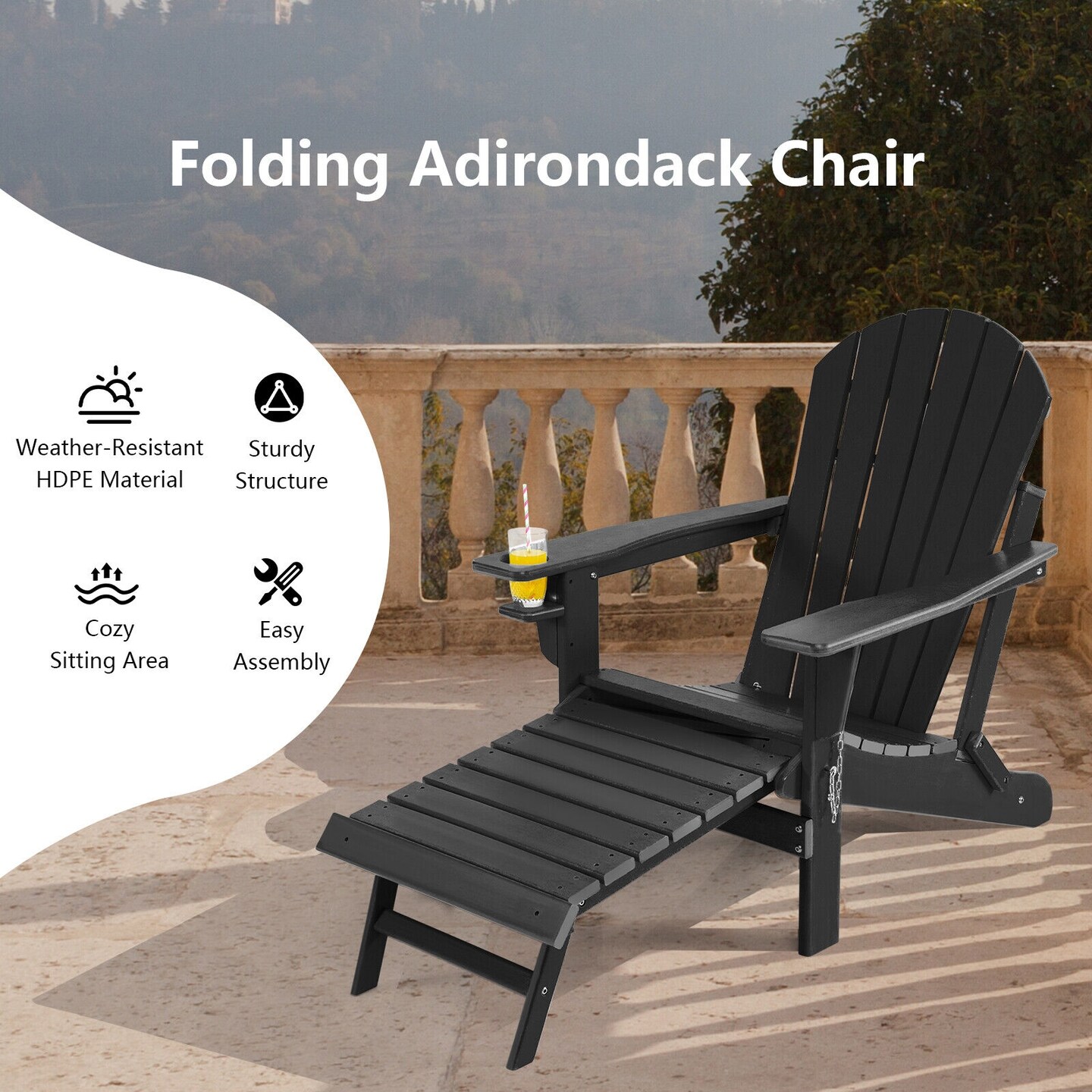 Patio All-Weather Folding Adirondack Chair with Pull-Out Ottoman