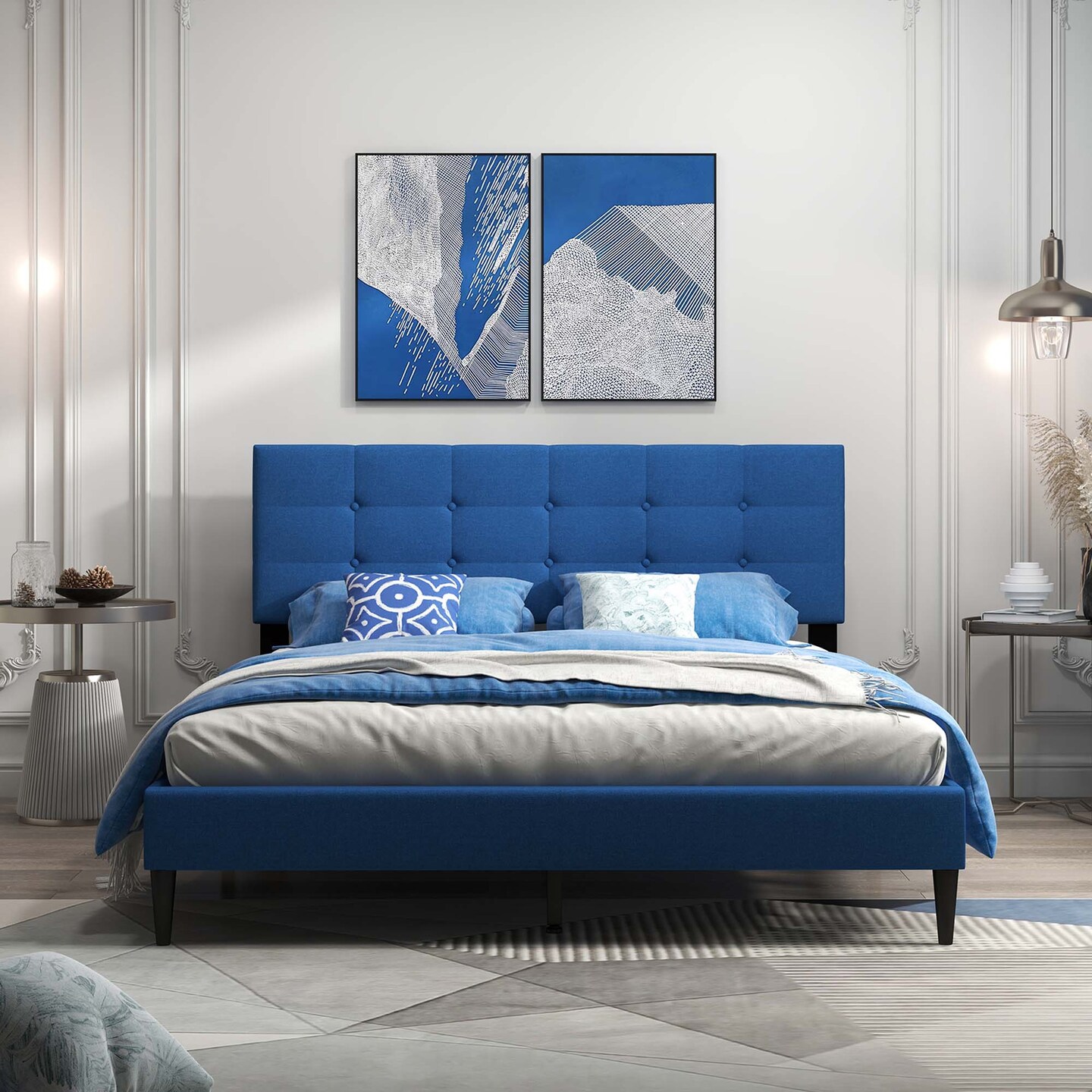 Costway Queen Upholstered Platform Bed Mattress Foundation Button Tufted Headboard Blue/Grey