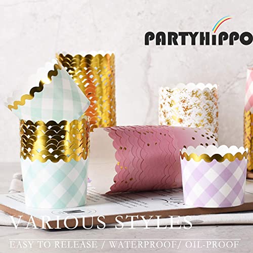 25 Pieces Party Hippo Cupcake Cups, 4.5 Oz Disposable Foil Muffin Liners, Gold Cupcake Baking Cups, Baking Cups (Gold Dots Pink)