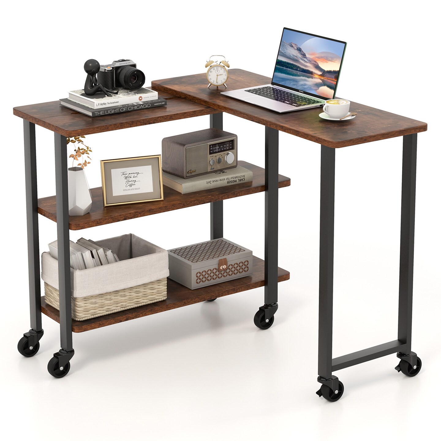 Rotating Sofa Side Table with Wheels Sliding Laptop Desk with Storage Shelves for Small Spaces