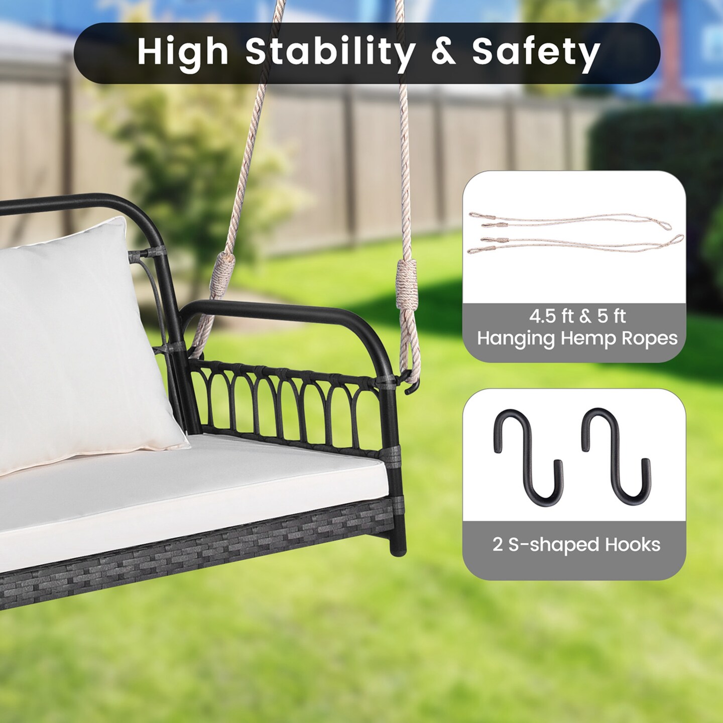 Costway Patio Swing Chair 2-Person Hanging Seat Outdoor Wicker Loveseat Cushioned Porch