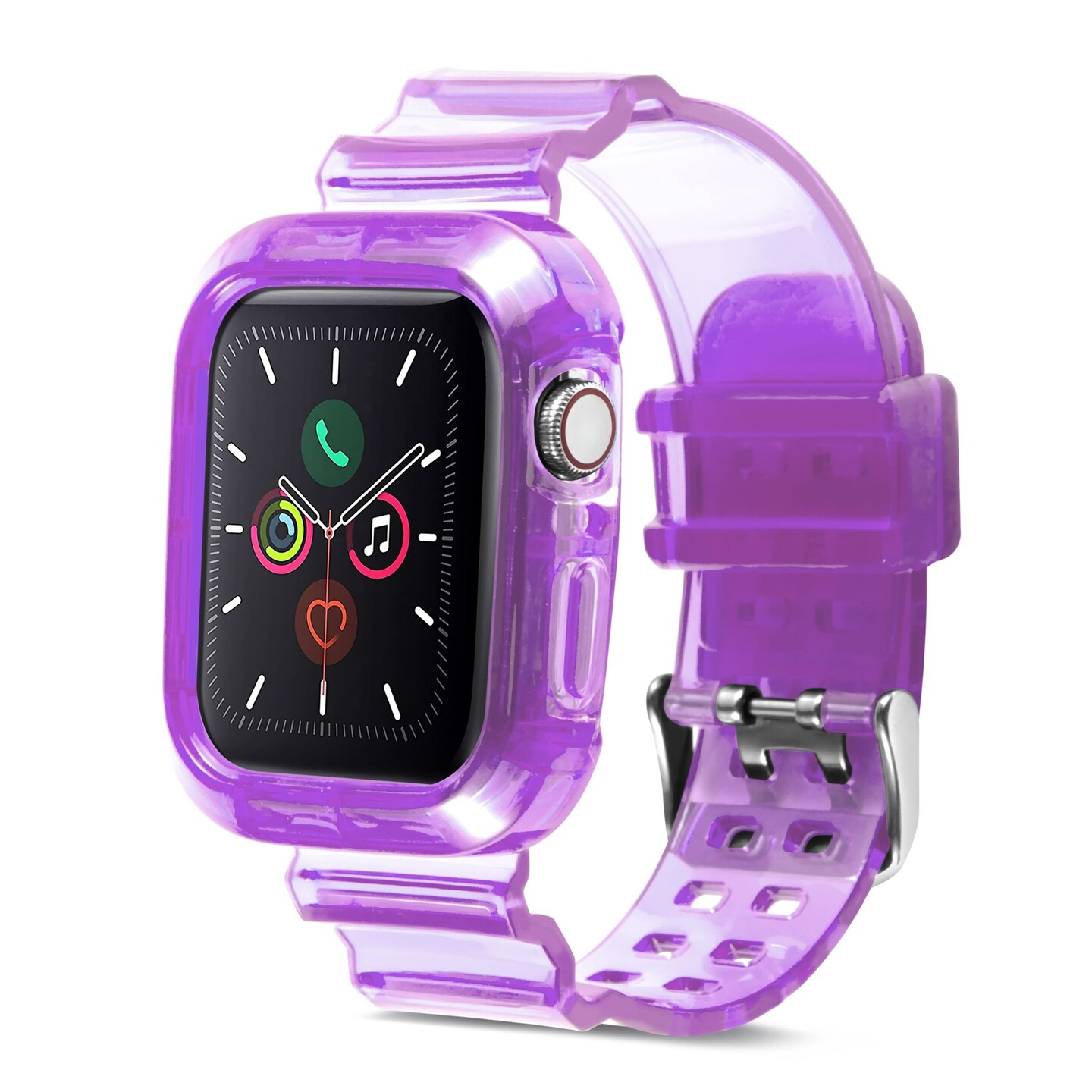 Insten Crystal Clear Watch Band with Rugged Bumper Case For Apple Watch 44mm 42mm Series SE 6 5 4 3 2 1, Replacement Soft TPU Transparent Strap, Clear Purple
