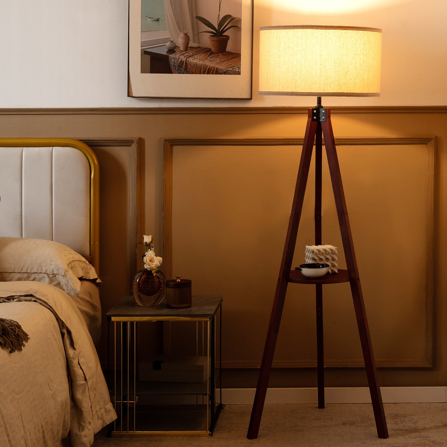 Brown Rubber Wood Linen Tripod Floor Lamp with Shelf and E26 Socket for Living Room and Bedroom