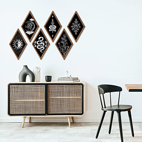 6 Pieces Boho Wall Decor Sun Moon Phases Wall Art Gothic Minimalist Stars Sun Wall Hanging Boho Wooden Home Decor Farmhouse Wall Pediments for Gallery Living Bedroom Room (Rhombus)