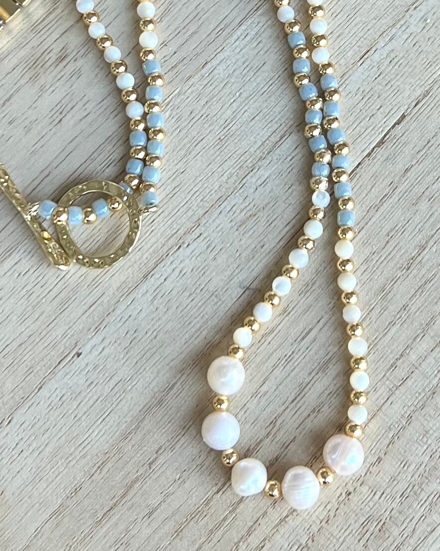 SUTTONRAL 14K Gold Oval Olive Bead & Freshwater Pearl Necklace - 18 Inch Adjustable Clavicle Chain - View #6