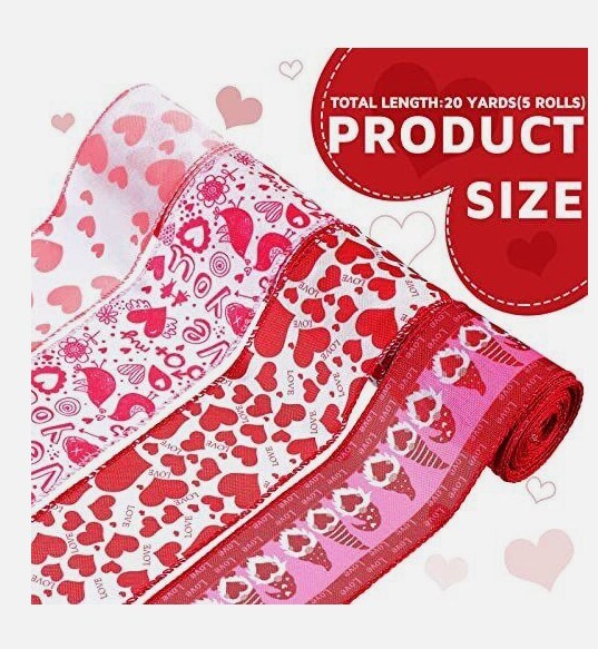 4 rolls 20 yards Valentine Ribbon Patterned Heart Wire