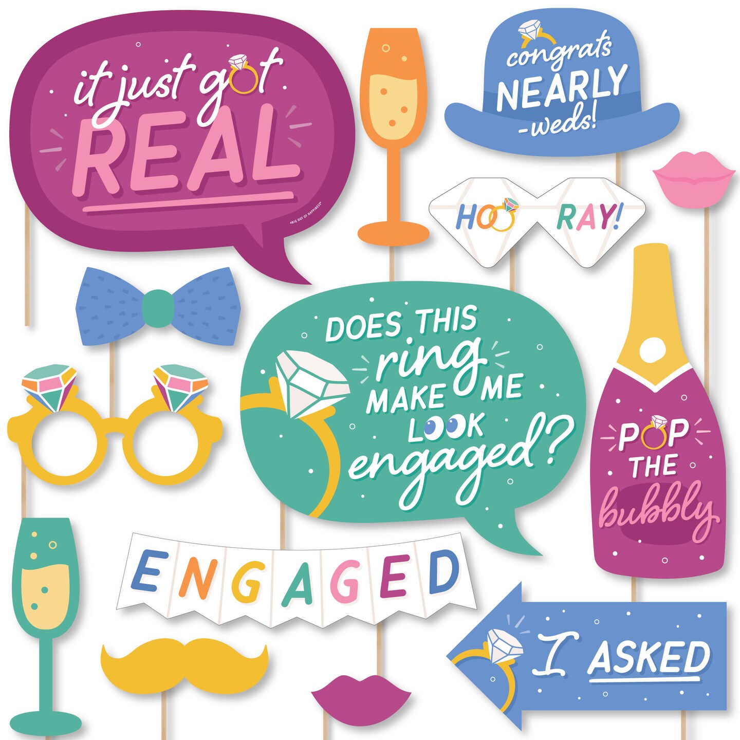 Big Dot of Happiness Just Engaged - Colorful - Engagement Party Photo Booth Props Kit - 20 Count