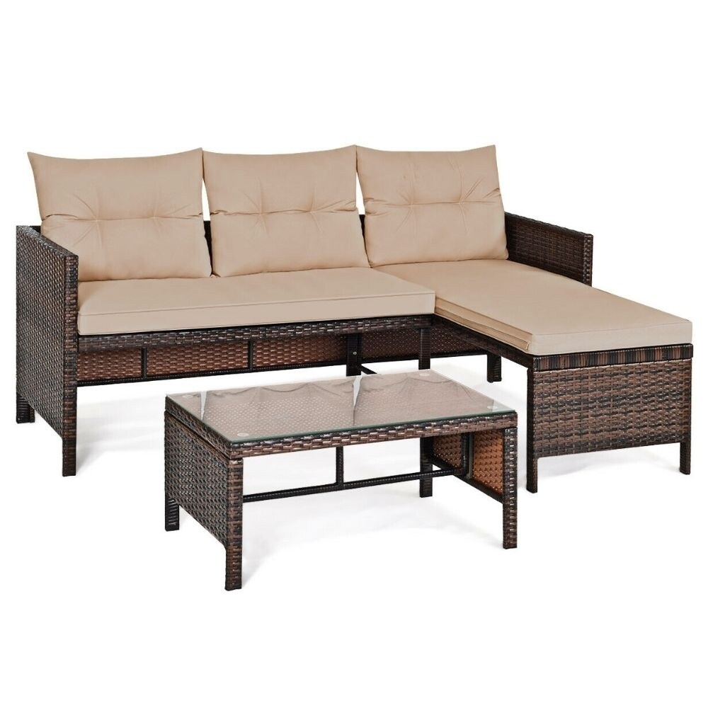 Onetify Outdoor Wicker 3 Seater Sofa Set with Leg Rest and Coffee