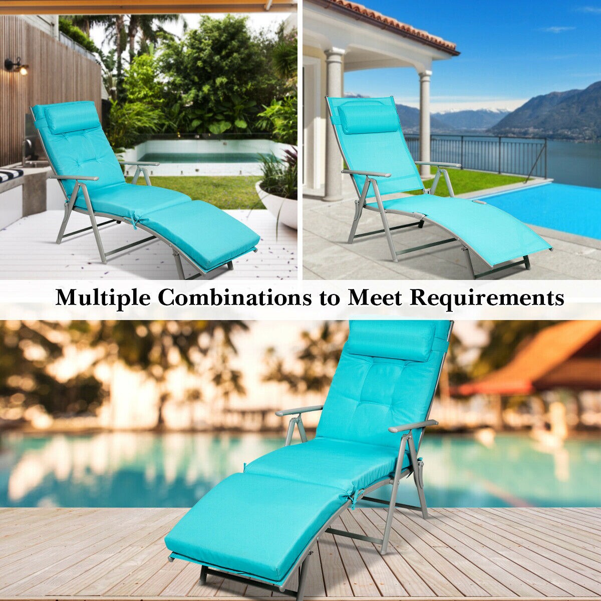 Costway Folding Chaise Lounge Chair w/Cushion Black\Gray\Turquoise