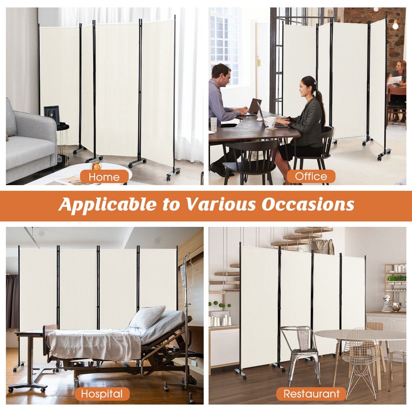 4-Panel Folding Room Divider 6 Feet Rolling Privacy Screen with Lockable Wheels