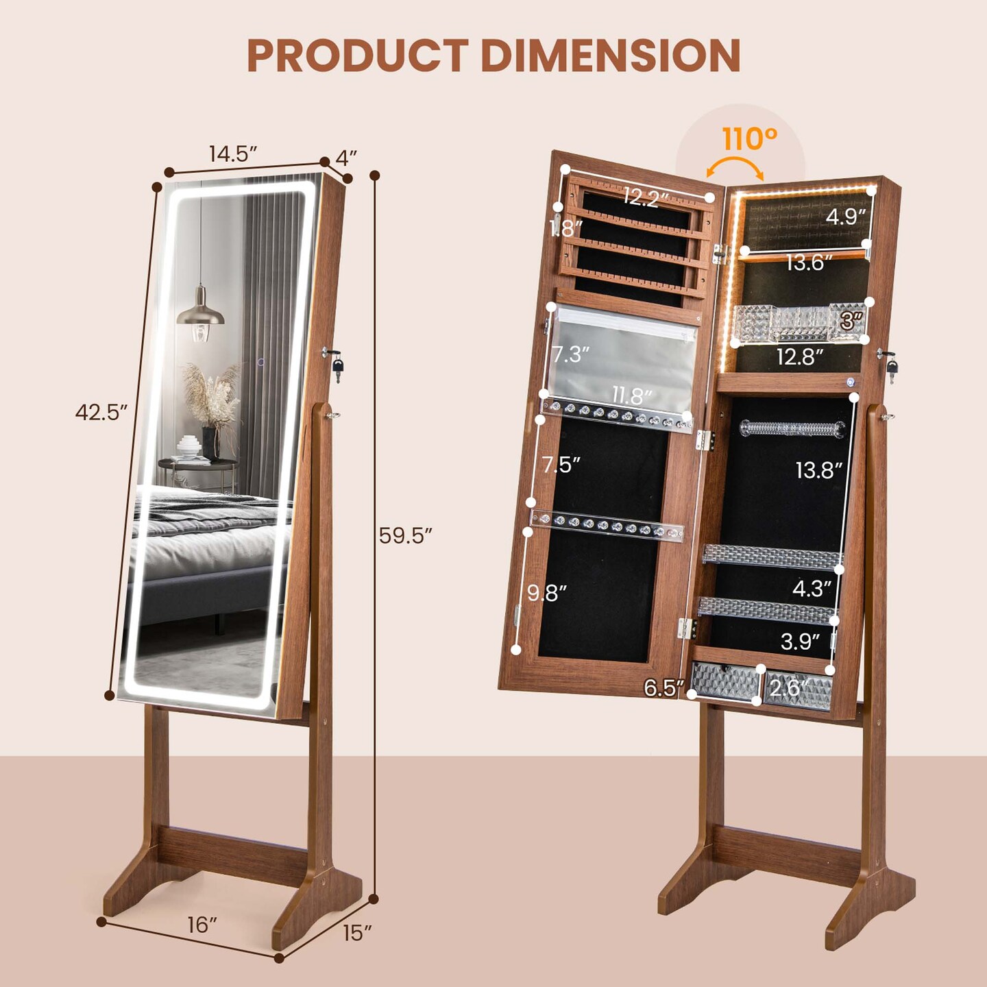 Costway LED Mirror Jewelry Cabinet Organizer Armoire Standing with Built-in 3 Color Light