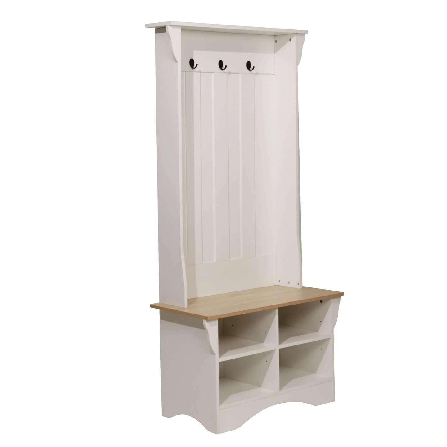 Merrick Lane Whitman Hallway Tree with Bench Seating, 3 Single Coat Hooks and Lower Storage with Adjustable Shelves