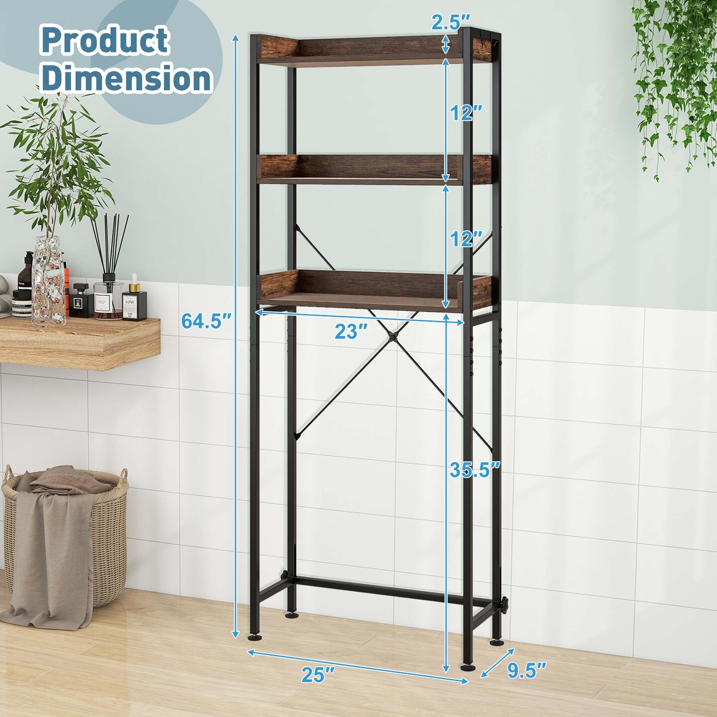 Costway 3-Tier Over-The-Toilet Bathroom Shelf Metal Frame Space Saver Rack with 4 Hooks