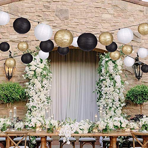 15 Pieces Paper Lanterns Decorative, Round Hanging Paper Lanterns Decorations for Wedding Graduation Anniversary Birthday Party Supplies Black/Gold/White