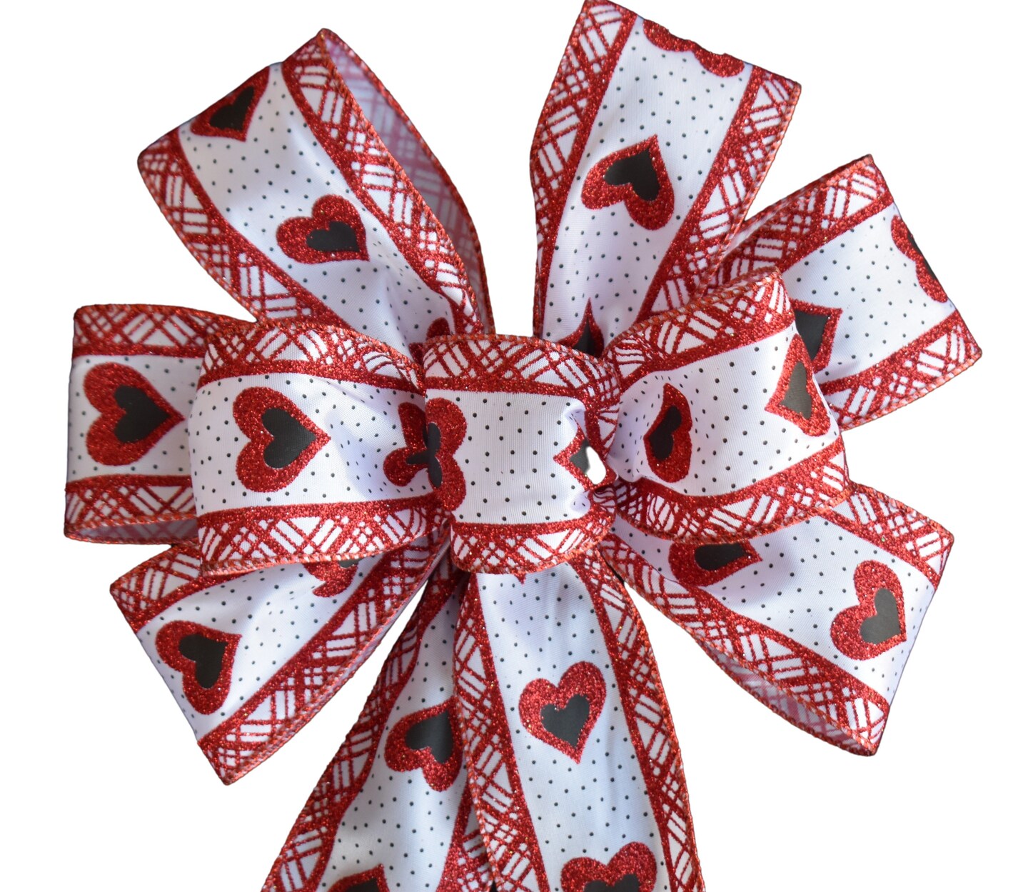 Valentine's Day Wired Wreath Bow - Red and White Glitter Hearts