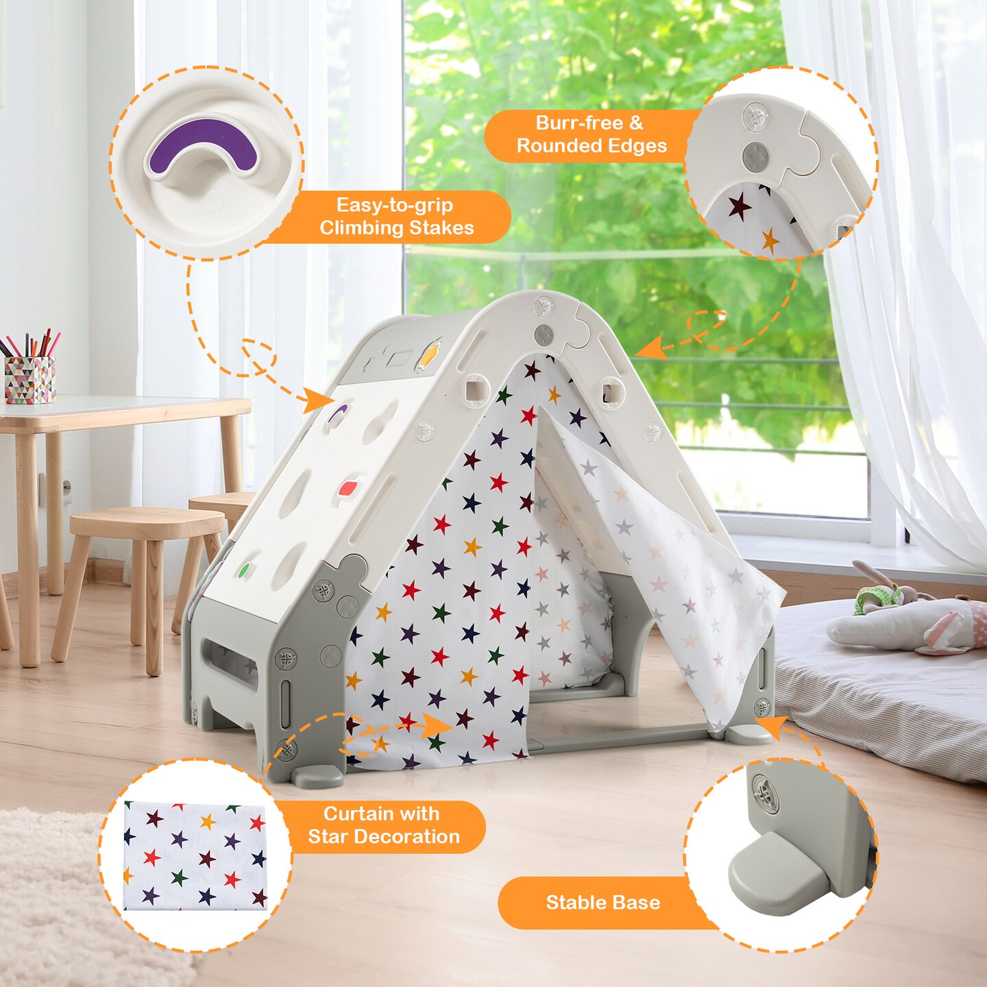 Kid&#x27;s Triangle Climber with Tent Cover and with Climbing Wall-Gray
