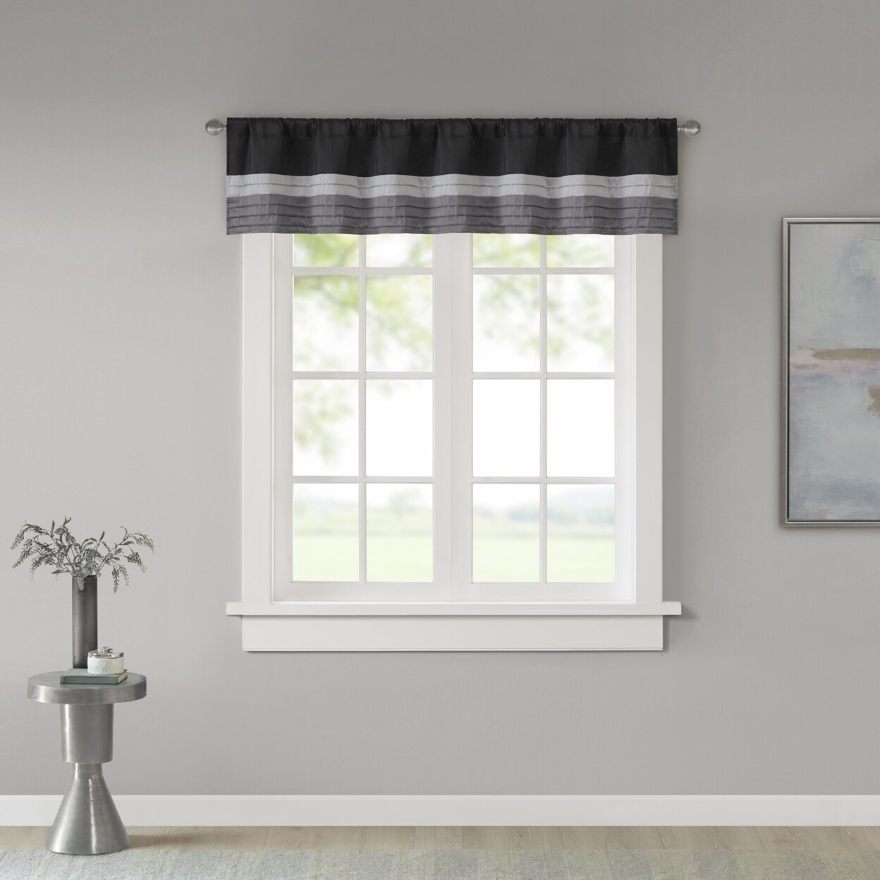 Madison Park   - Amherst Polyoni Pintuck Window Valance - Black - 50(W)&#x22; x 18(L)&#x22; - Single Unit - Rod Pocket Top - Pieced