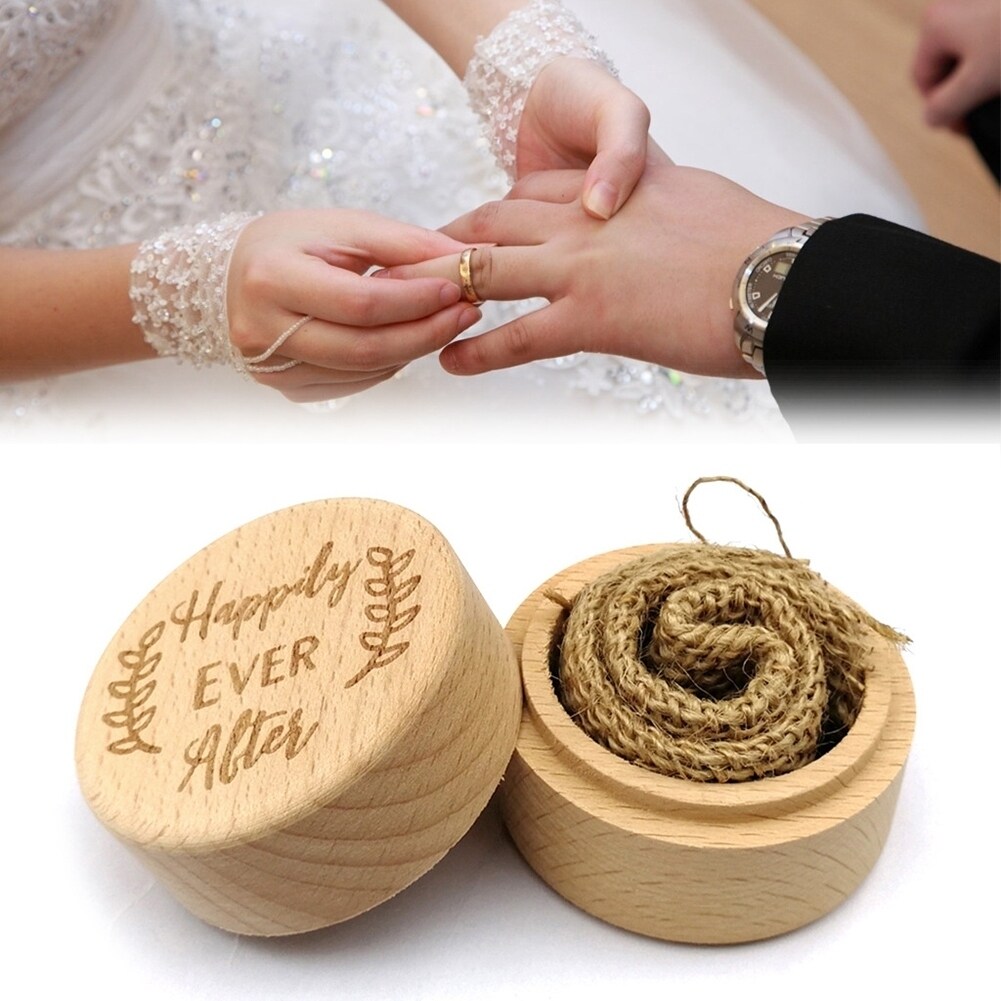Wood Round Carved Proposal Wedding Ring Holder Display Box Jewelry Storage