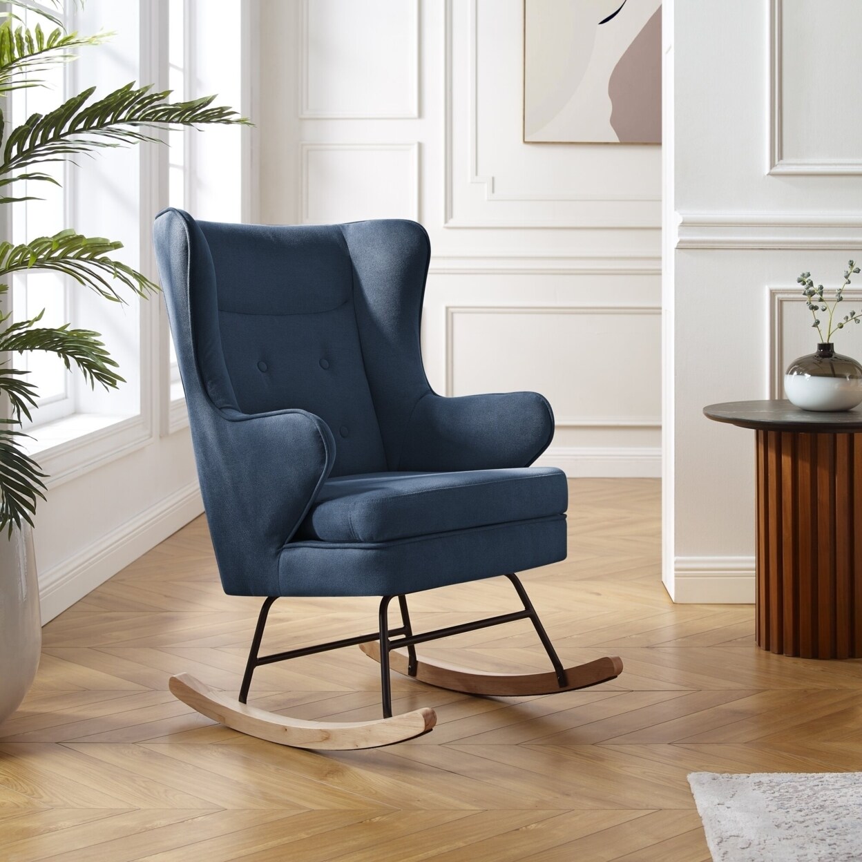 Inspired Home Riggs Rocking Chair - Upholstered, Wingback Silhouette, Pocket Spring