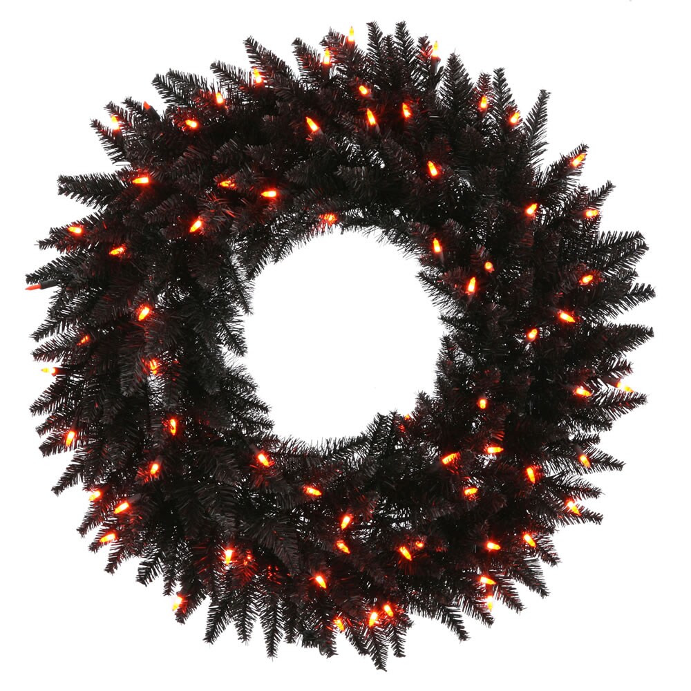 24&#x22; Black Artificial Wreath - 210 PVC Tips 50 Orange Dura-Lit Italian LED Lights
