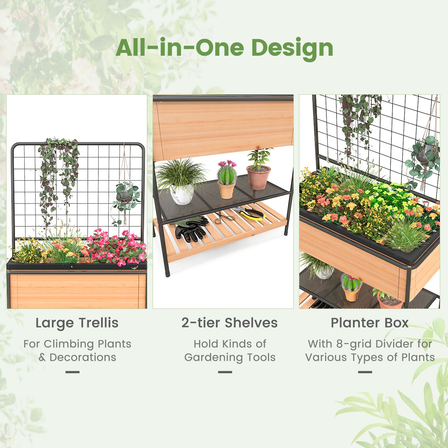 Raised Garden Bed With Trellis 2-tier Storage Shelves-Natural