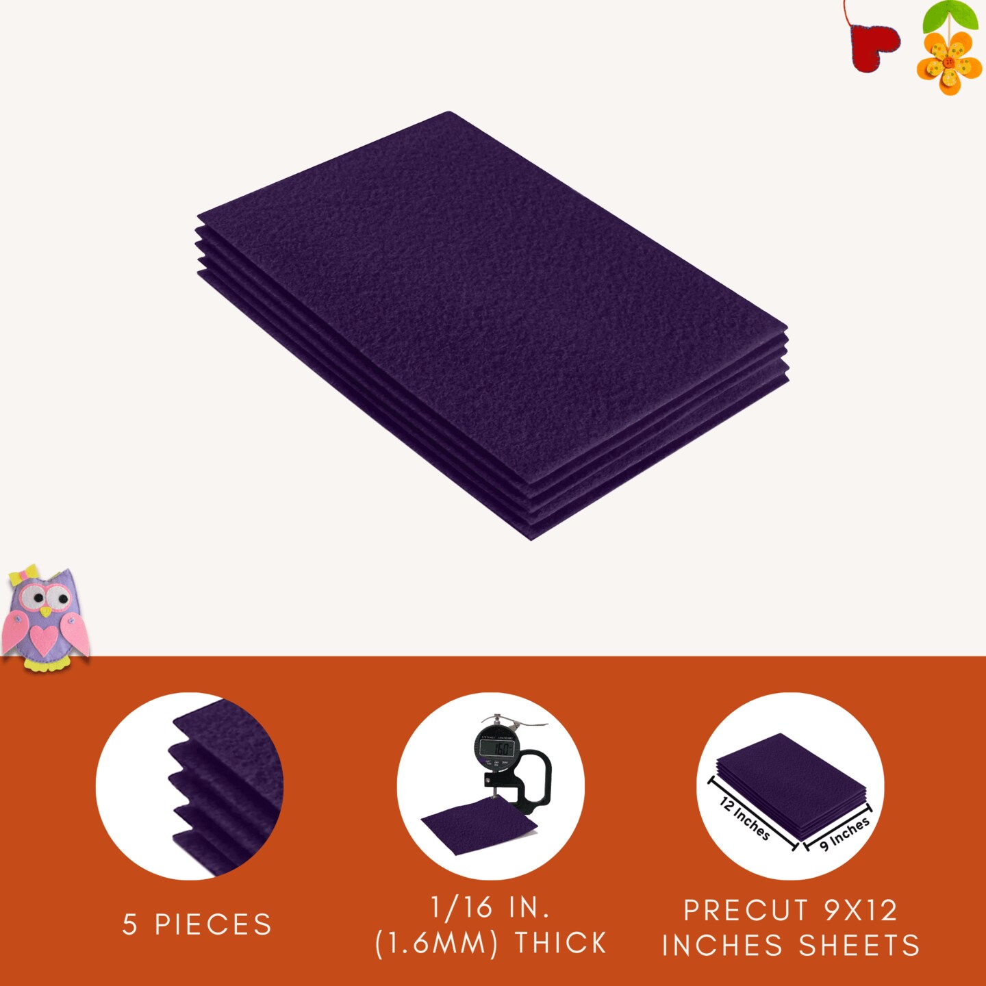FabricLA Acrylic Felt Sheets for Crafts - Precut 9" X 12" Inches (20 cm X 30 cm) Felt Squares - Use Felt Fabric Craft Sheets for DIY, Costume, and Decoration | Plum - 5 Pieces